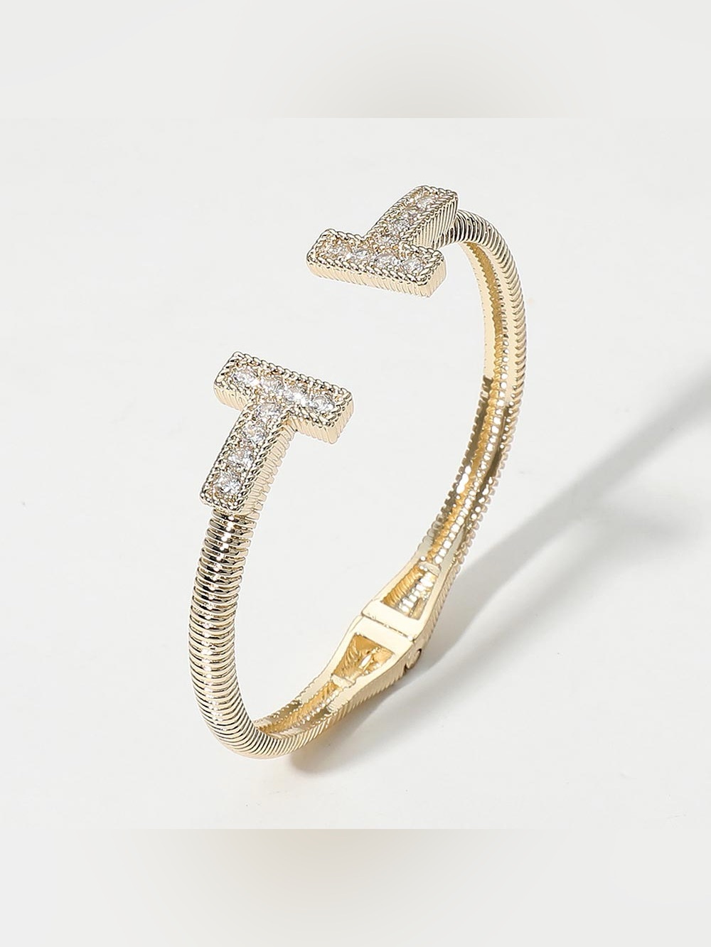 14K Gold Plated CZ Stone Paved T Tip Cuff Bracelet